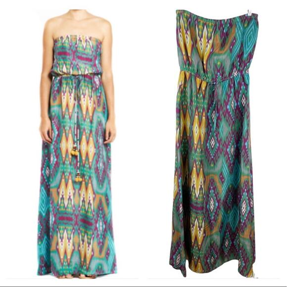 Figue Silk Maxi Dress Strapless Tropical Resort Mexico Vibes Teal Purple S - Picture 1 of 8